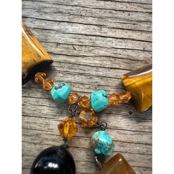 Tiger's Eye Turquoise & Black Onyx Beaded Necklace With Silver Clasp - Picture 3 of 7